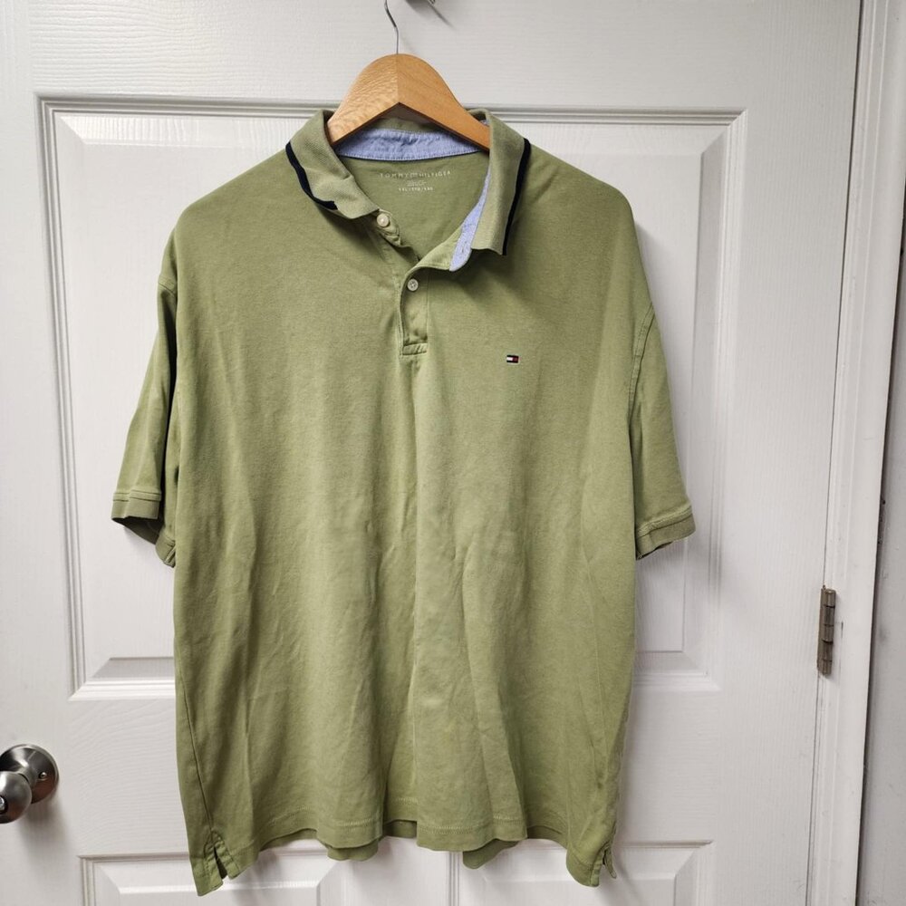 Tommy Hilfiger mens size XXL polo shirt olive green short sleeve flag logo